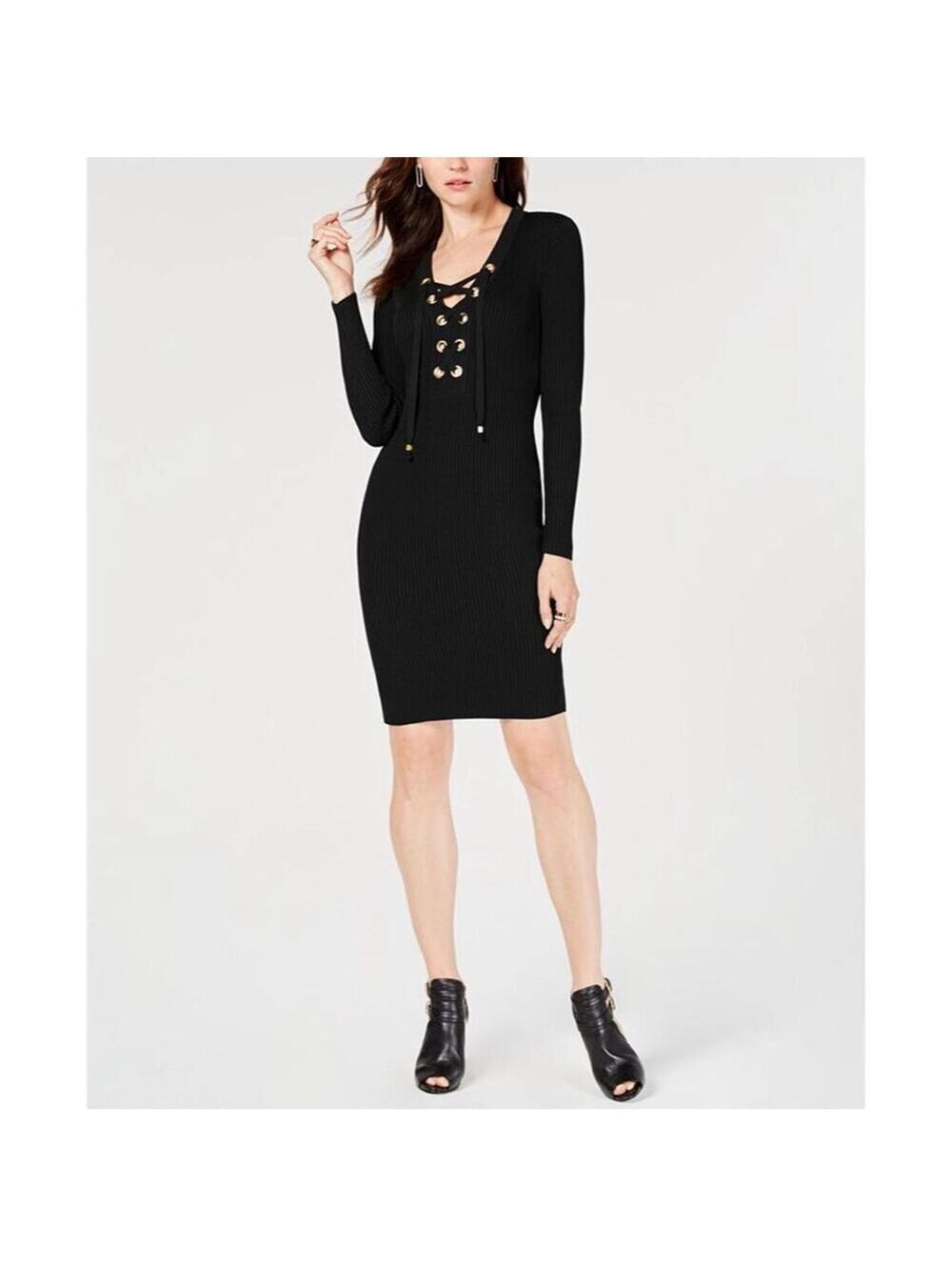 Michael Kors Black Ribbed Lace-Up Knee Length Dress M $325
